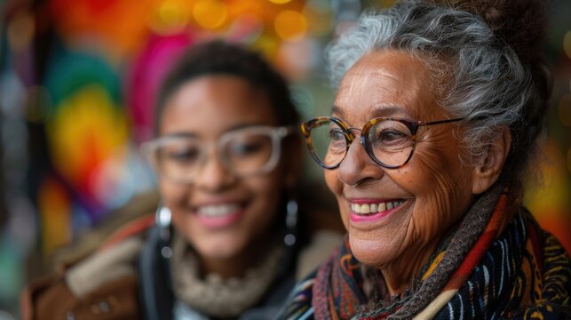 An inspiring blank of LGBTQ+ elders mentoring young members of the community, with a backdrop of a vibrant community center