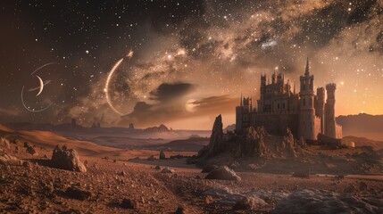 A castle built on Mars, a shooting star, and a crescent moon.