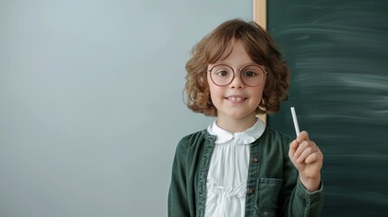 Fototapeta premium 6 year old girl dressed like a teacher, wearing glasses, smiling happily, holding a pencil on a chalkboard background, dream career concept.