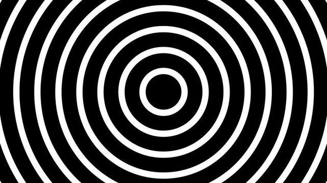 Thick outlined circles looping like a kaleidoscope. Black outlined circles on white background. Heavy thick visual. Infinitely expanding a mesmerizing visual with concentric rings. 4K Motion Graphics