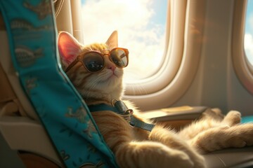 Charming cat with sunglasses enjoys a sunny airplane ride, showcasing a relaxed travel vibe
