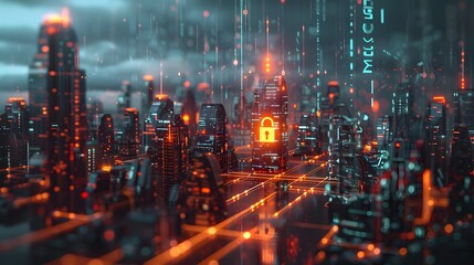 Fototapeta premium A cityscape with a glowing red lock on a building