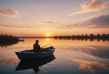 Naklejka premium the silhouette of a man fishing in his boat on the mirror-bright and calm river, dramatic sunset colors painting the sky with warm hues.