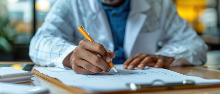 Doctor in white coat writing on a clipboard in office. Close-up of hand filling medical documents or patient chart.