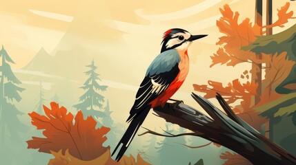 Woodpecker clinging to a tree trunk flat design top view forest theme cartoon drawing vivid