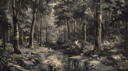 Detailed engraving of forest with diverse trees, undergrowth, and meandering stream: rich natural background.