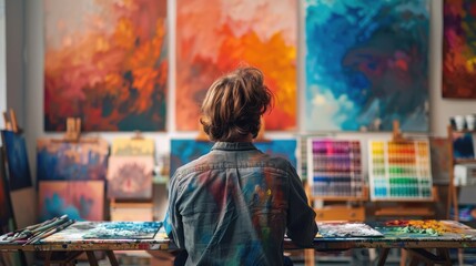 Artist painting vibrant abstract artwork in studio with colorful canvases and paint palettes creating an inspiring and creative atmosphere.