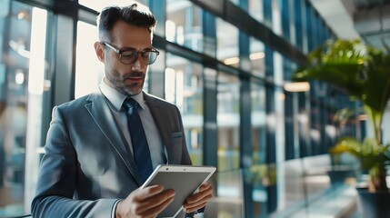Fototapeta premium A mature businessman standing in an office, using tablet.