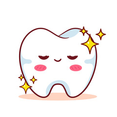 Cute Tooth Smiling with Sparkles Cartoon Vector Character. Education Human Organ Dental Care Concept Design. Kawaii Object Illustration. Isolated White Background