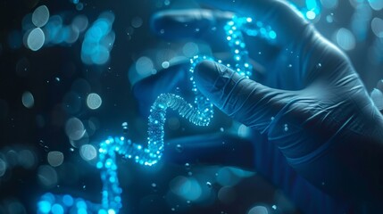 Scientist examining glowing dna strands in a laboratory