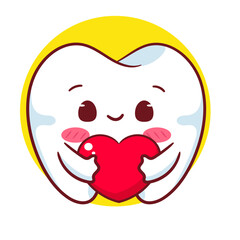 Cute Tooth Holding Love Heart Cartoon Vector Character. Education Human Organ Dental Care Concept Design. Kawaii Object Illustration. Isolated White Background