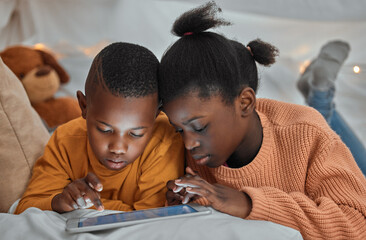 Relax, tablet and black children on bed for education, learning or skill development in bedroom. Online, night and kids with ebook subscription for information, literacy or knowledge in home