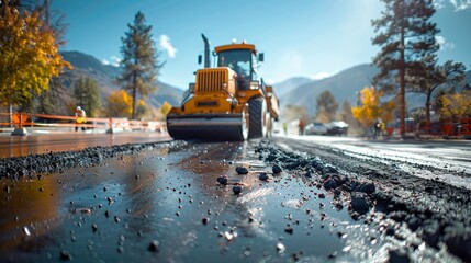 Road Construction in Autumn Landscape with Heavy Machinery - Generative AI
