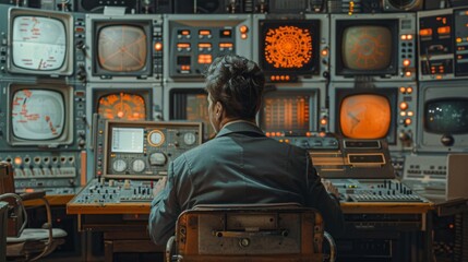 Fototapeta premium Engineer working at control panel with multiple screens showing data