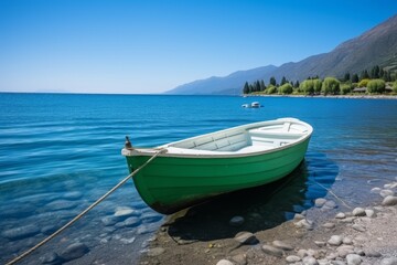 Naklejka premium Peaceful sight of a solitary white fishing boat drifting on a calm and clear blue lake