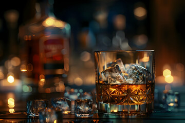 A glass of whiskey with ice cubes on a bar counter at night, creating a warm, inviting ambiance with soft lighting in the background.