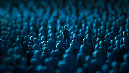 A single person stands out in a crowd of blue figurines, symbolizing individuality, uniqueness, and leadership.