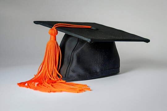 Black graduation cap with bright orange tassel, representing academic achievement on a plain background, symbolizing education and success.