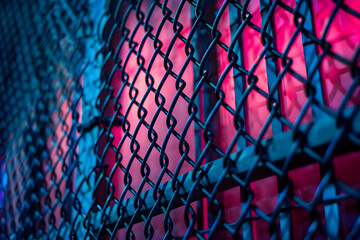 Close-up of a chain-link fence under vivid blue and pink lighting, creating a striking and colorful visual effect.