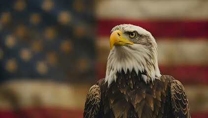 Naklejka premium Close-up of a majestic bald eagle with the American flag in the background, symbolizing strength and freedom.