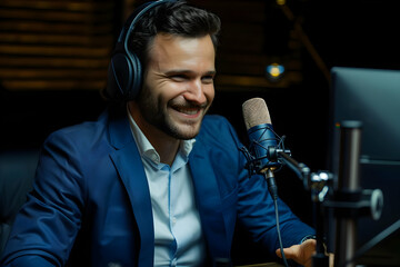 Confident male podcaster in a suit, recording in a professional studio with a microphone and headphones, smiling and engaging.