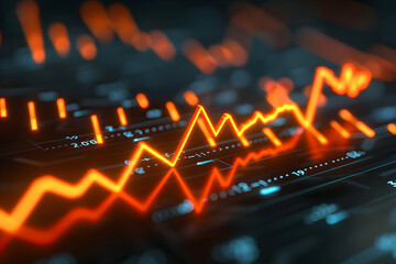 Fototapeta premium Glowing orange graph in futuristic financial display, showcasing stock market data analysis and investment trends over time.