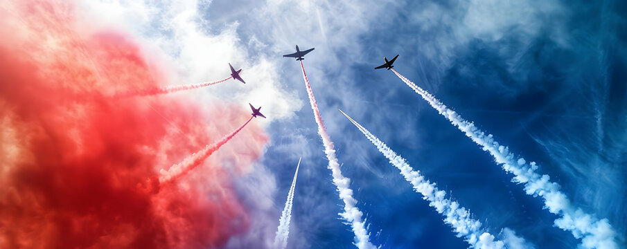 Formation of aircrafts performing an aerial display with colorful smoke trails against a dramatic sky backdrop.