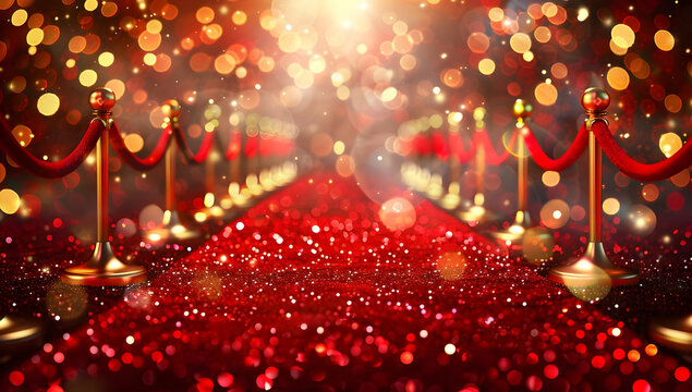 Glamorous red carpet event with golden lights and sparkling decorations, perfect for luxury, glamour, and celebration themes.