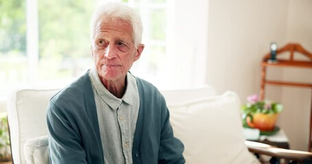 Thinking, serious and senior man at home retirement with lost face for risk of memory, alzheimers or dementia. Elderly person in living room alone with worry, sad or depression for hospice decision