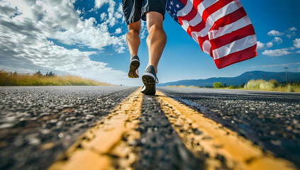 Man running on a road with American flag, symbolizing freedom and patriotism, under a blue sky with clouds and distant mountains.