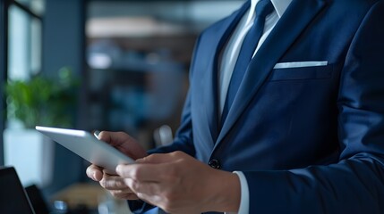 A mature businessman standing in an office, using tablet.