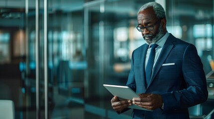 A mature businessman standing in an office, using tablet.