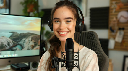 Smiling woman recording a podcast in a well-lit modern home studio with a professional microphone and headphones.