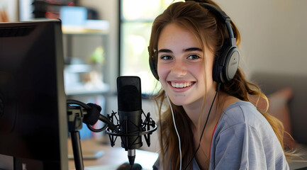 Smiling young woman wearing headphones, talking into a professional microphone, streaming or recording content at home office.