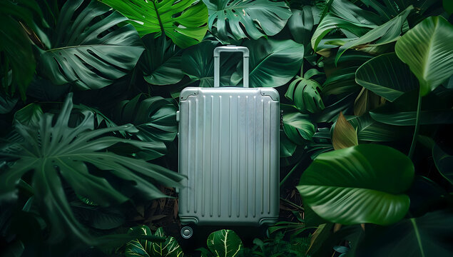 Silver suitcase centered in lush tropical foliage, representing travel, adventure, and exploration in a vibrant green jungle setting.
