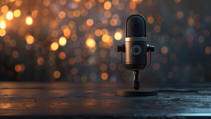Vintage microphone on a table with a bokeh background, perfect for podcasts, broadcasting, and music recording.