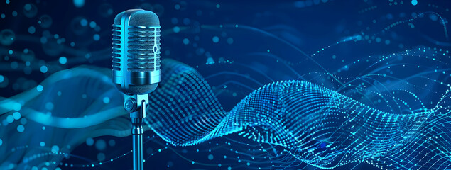 Vintage style microphone with abstract sound waves background, perfect for audio, music, broadcasting, and podcast themes.