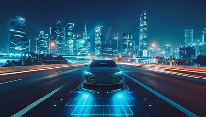 Futuristic electric car with self driving on urban highway at night, modern cityscape advancements