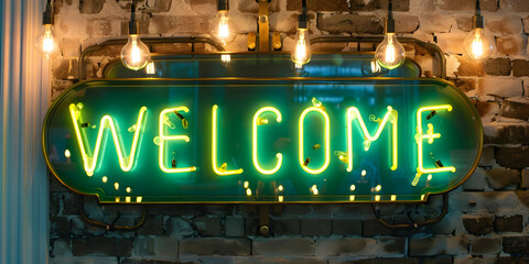 Vintage neon welcome sign illuminated against a rustic brick wall, evoking a warm and inviting atmosphere.