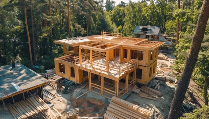 Aerial view of sustainable house under construction near forest, showcasing modern eco architecture
