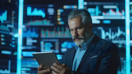 Fototapeta premium A mature businessman standing in an office, using tablet.