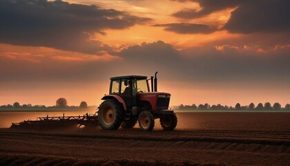Obraz premium silhouette of farmer on tractor fixed with harrow plowing agriculture field soil at sunset 
