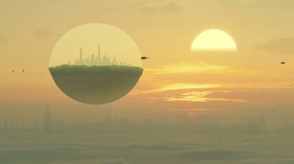 A breathtaking view of a futuristic city with floating buildings and greenery integrated into the architecture set against a backdrop of a vivid sunset with flying vehicles dotting the sky