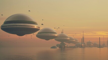Obraz premium A breathtaking view of a futuristic city with floating buildings and greenery integrated into the architecture set against a backdrop of a vivid sunset with flying vehicles dotting the sky
