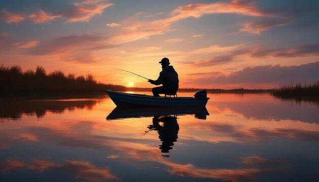 the silhouette of a man fishing in his boat on the mirror-bright and calm river at sunset