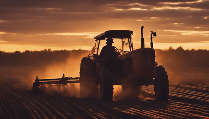 Fototapeta premium silhouette of farmer on tractor fixed with harrow plowing agriculture field soil at sunset 