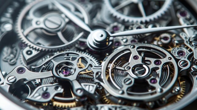 A detailed view of a skeleton watch with its beautiful exposed gears and movements visible through the front and back of the case.