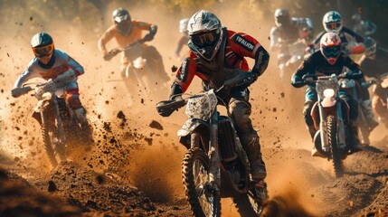 Group of motocross riders racing on dirt track