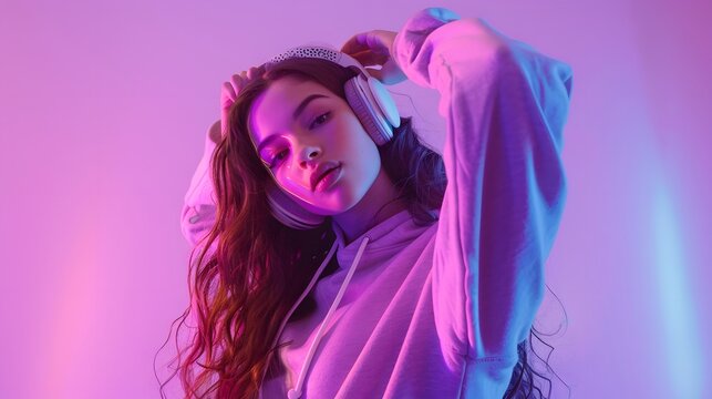 Stylish fashion teenager model wearing hoodie and headphones listening dj music dancing in purple neon lights. Young teen girl enjoy cool music 90s party mix in violet studio background. Copy space. 