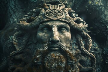 Obraz premium Closeup of a detailed celtic warrior statue with mythical carvings, surrounded by a moody, fogladen forest ambiance